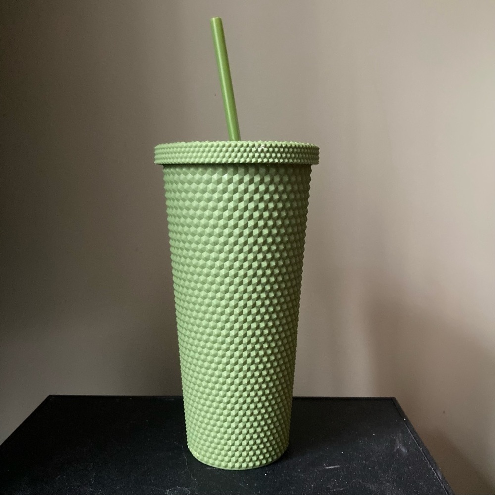 Matte Green Studded Tumbler 24 Oz Venti Large Coffee Cold Drink Cup & Straw